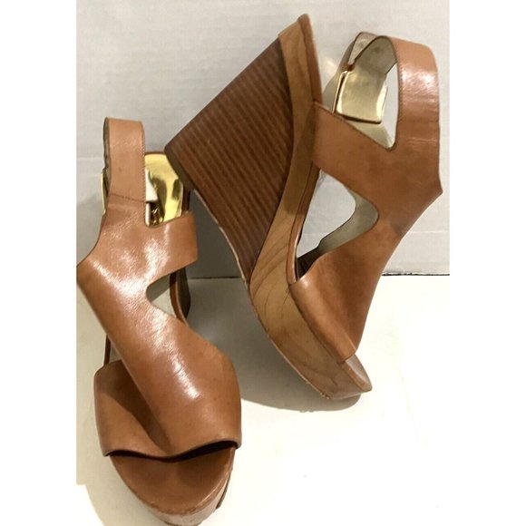 Michael Kors Womens size 8 M Brown Leather Josephine Wedge Platform Sandals shoe - Picture 1 of 7